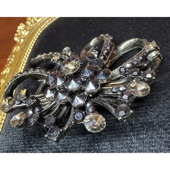Vintage Rhinestone Starburst Flower Statement Brooch Black Champagne - Picture 8 of 14